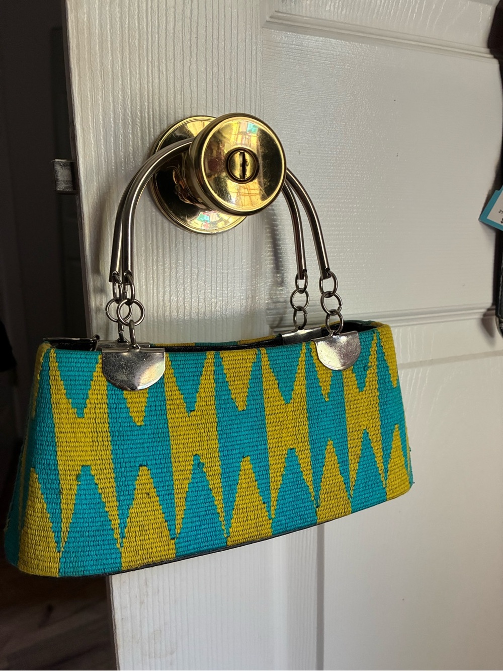Woven Zigzag Clutch in Teal & Yellow